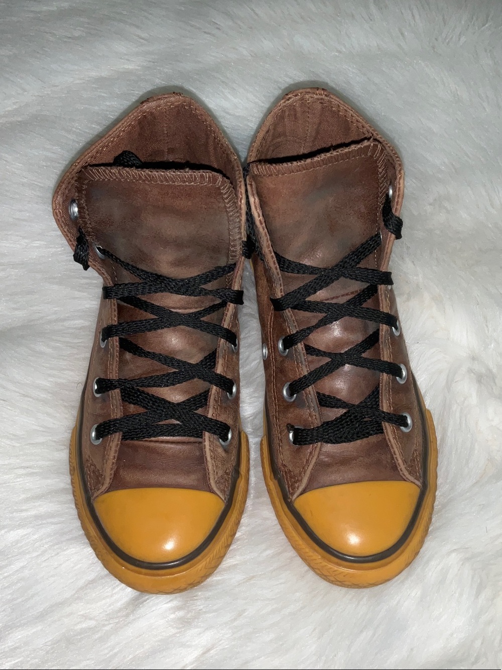 Converse Brown High-Top Sneakers with Yellow Toe Cap